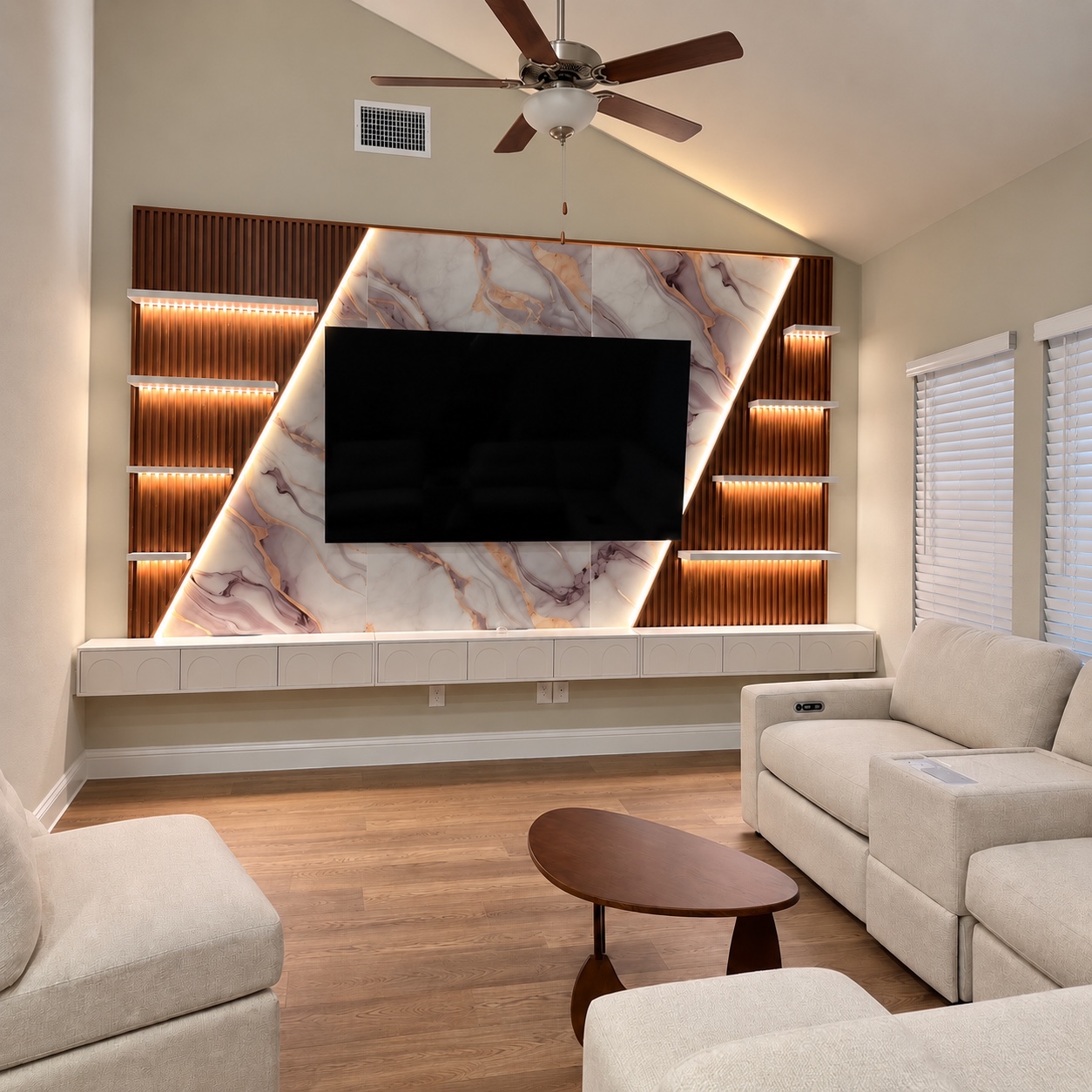 TV feature wall with slatted panels, shelves and lighting